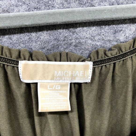 Michael Kors Off Shoulder Top Womens L Short Sleeve Babydoll Army Green Camo - Picture 5 of 8